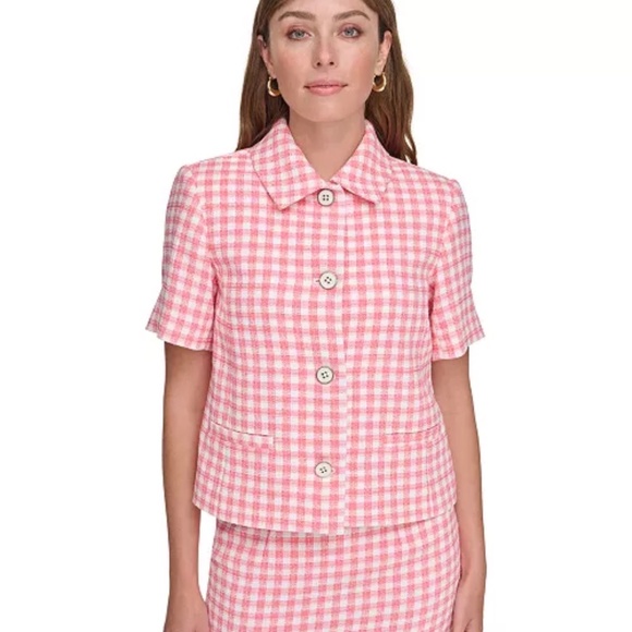 Tommy Hilfiger Pink Gingham Short Sleeve Tweed Button-Up Top – Size 4 - Picture 2 of 14